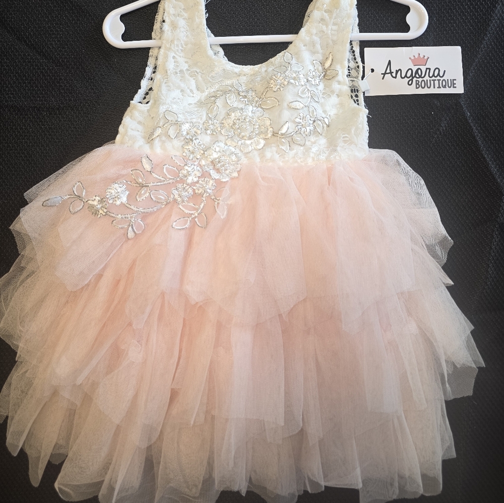 Agora Blush and Cream Tulle Dress Formal/flower Girl Beaded New W/ Tag! 12-24mon